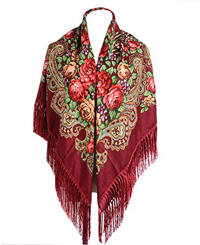 Gudessly Traditioneller Schal für Damen, mit Quaste, Fransen, Halstuch, Kopfschal, Retro-Schal, Blumenmuster, Poncho-Druck