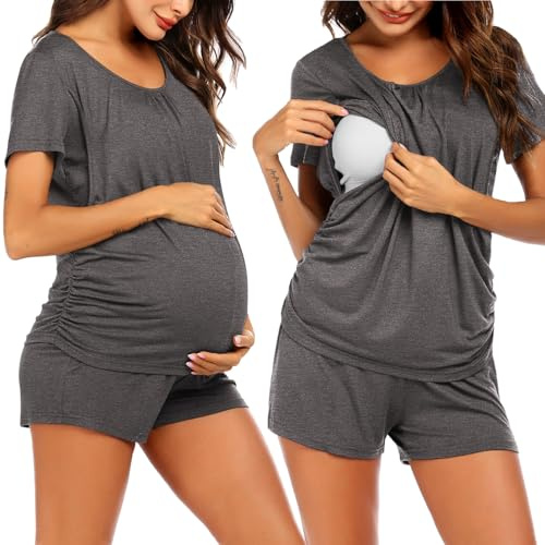 Ekouaer Nursing Pajamas for Breastfeeding Nursing Pj Nightgown Labor Robe Hospital Delivery Maternity Sleepwear Grey M