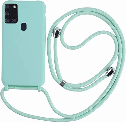 Ququcheng - Carcasa Compatible con Samsung Galaxy A21S, Collar para Estuche de Celular, Cuerda de Silicona con cordón TPU Bumper para Samsung Galaxy A21S, Color Verde