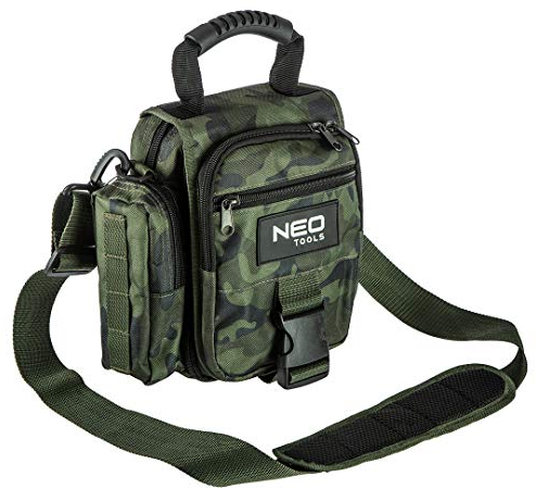 NEO TOOLS Camo Tool Bag for Craftsmen, Camouflage Look, Foldable, Adjustable Shoulder Strap, 100% Polyester, 4 External Pockets, 4 Interior Pockets, Clip Closure, Sturdy Zips, Camouflage