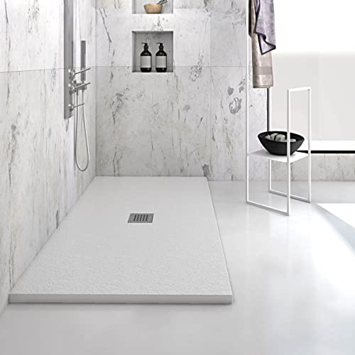 Yellowshop - Piatto doccia rettangolare marmoresina base 80 cm h 2,5 cm HEAVY Bianco con sifone, piletta e copripiletta inox (cm 80x100)