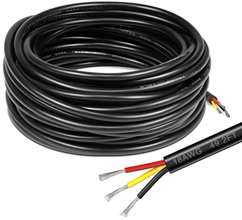 LightingWill 49.2ft/15Meters 18 Gauge Electrical Wire 3 Conductor, Black PVC Case Stranded Low Voltage LED Cable High Temperature Resistant, Flexible Extension Power Cord for Lamp Lighting Strips