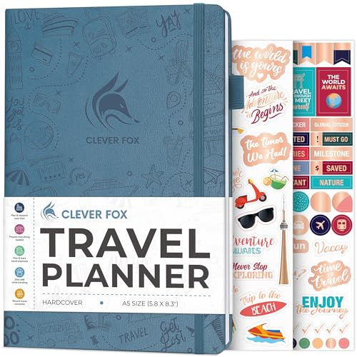 Clever Fox Reisetagebuch – Urlaubsplaner mit Budgetplan, Packliste, Ausgaben-Tracker & Reisetagebuch – Reiserouten-Organizer für Frauen, Männer & Paare – A5-Größe, Hardcover – Rauchblau