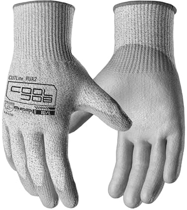 COOLJOB 12/120 Pairs A2 Cut Resistant Safety Work Gloves with Grip, Breathable & Lightweight Polyurethane PU Coated Protective Gloves for Wood Carving, Glass Handling, Mechanic Work, Gray Large