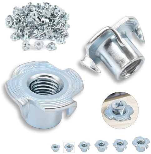 Lot de 60 écrous à enfoncer M5 x 8 mm en acier au carbone galvanisé avec 4 pointes à frapper pour bois, planches, meubles, artisans, constructions, mur d'escalade, kits de vis, bricolage