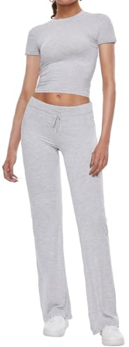 AnotherChill Women's 2 Piece Lounge Sets Straight Leg Pants Set Short Sleeve Crop T-shirt Casual Outfits Comfy Loungewear (Light-Gray, Small)