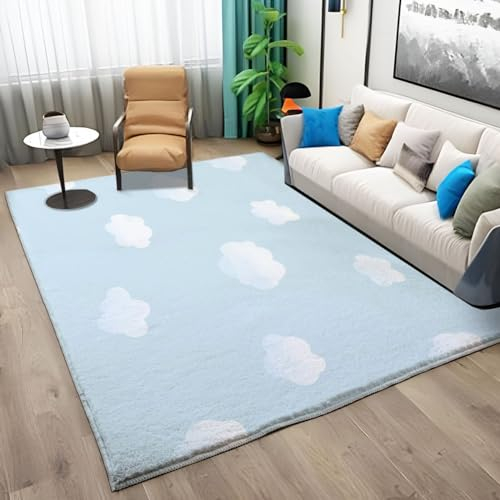 Waschbarer Home Teppich 80x150cm Cartoon Blauer Himmel Mit WeißEn Wolken Flauschiger und Rutschfester Kurzflor Teppich Hellblau für Esszimmer Wohnzimmer und Schlafzimmer Moderne Deko