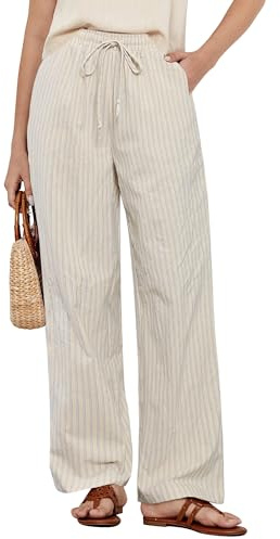 GRAPENT Womens Striped Pants Summer Linen Pants for Women Cotton Drawstring Women High Waisted Cute Linen Beach Beige Blue Stripe Size X-Large US 16 to 18