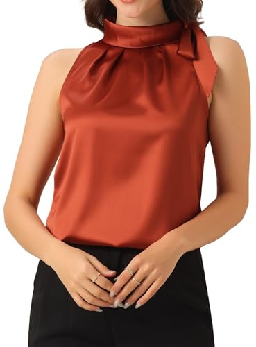Allegra K Camiseta sin mangas de satén para mujer, elegante, casual, con lazo y cuello alto falso, blusa de trabajo, Rojo (Rust Red), M