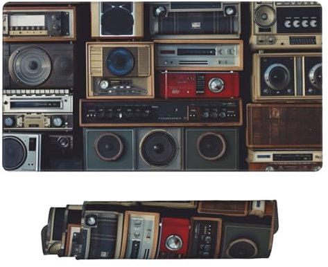 Large Gaming Mouse Pad with Non-Slip Rubber Base, Vintage Wall of Radio Boombox Mouse Mat with Stitched Edge, Extended Desk mat for Laptop Desk Pad 16x29.5, Desk Writing Pad for Office and Home