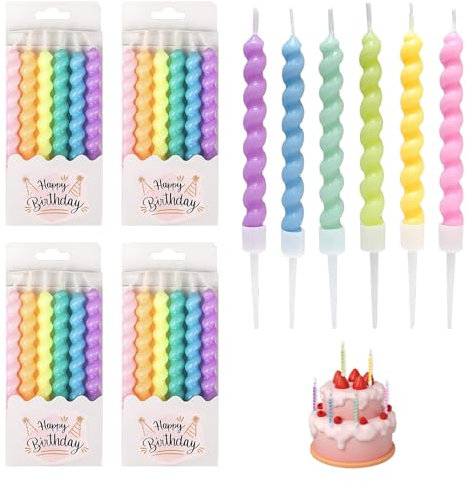 24 Pezzi Candele Compleanno Macarons Candeline Torta, Multicolore a Spirale con Supporto, Candeline per Compleanno, Candele Decorazione per Baby Shower Anniversari Feste di Matrimonio Halloween Natale