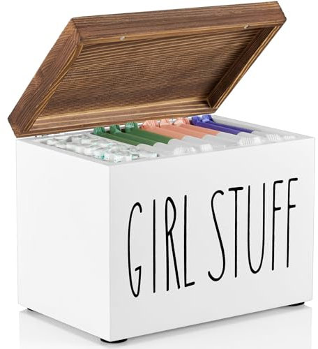 Jomeis Girl Stuff Storage Box | Bathroom Organizer for Feminine Hygiene Products | Wooden with Hinged Lid | Discreet & Stylish Storage for Pads, Tampons, Liners - Black/White & Natural Wood (WHITE)