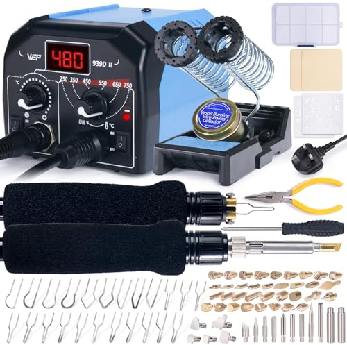 WEP 939D-II 2-in-1 Wood Burning Kit 86-in-1 with 51 Solid Points and 23 Wire Nibs Wood Burner with 2 Letter Number Stencils, 2 Unfinished Wood, 1 Pen Holder, Pyrography kit (UK Plug)