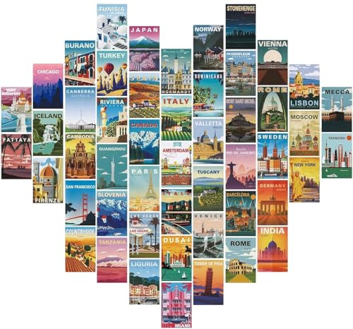 Cunegra 50PCS Vintage Travel Postcard Set, World Famous City and Country Illustrations, Retro Travel Postcards for Mailing, Posters Prints for Travel Decor, 4x6 inch