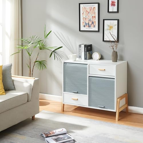 [en.casa] Aparador Kvaefjord con 2 Puertas de Persiana 2 Cajones Moderno Mueble de Salón Dormitorio Pasillo Estable MDF Bambú 72 x 80 x 40 cm - Blanco/Gris