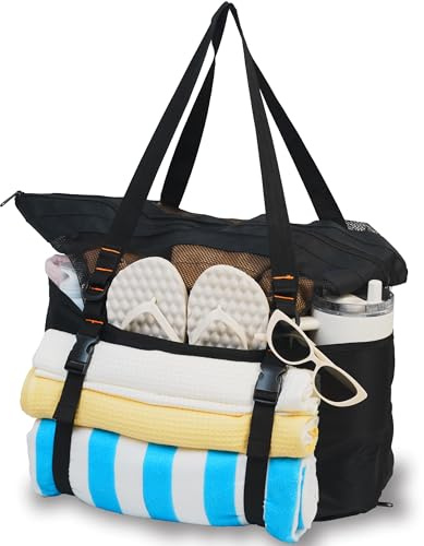 kokkoya 40L Large Mesh Beach Bag Tote Towel Holder Dual Zipper Bottom Sandproof Waterproof for Women Swimming Pool Travel Black