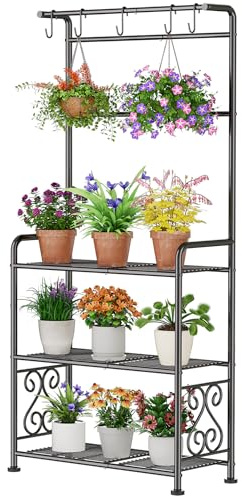 Jowkou 3-Tier Metal Plant Stand with Hanging Hooks, Heavy Duty Storage Shelf Unit, Rust-Proof Greenhouse Staging for Indoor Outdoor, Balcony Patio Garden Flower Shelf Black