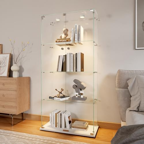 vitrina de cristal con LED, armario para colección transparente, mueble de cristal con 2 puertas y cerradura, 4 estantes, salón bar, 163 x 78,5 x 35 cm, blanco