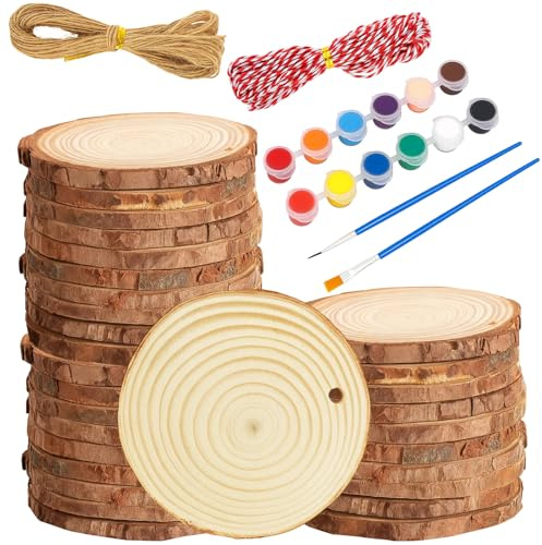 Log Slices Wood Slices for Crafts, 30PCS Unfinished Wooden Discs with Bark, 5-6cm DIY Wooden Circles with Holes, Includes 12 Colors Paint, 2 Brushes and Ropes for Wedding Christmas Decorations
