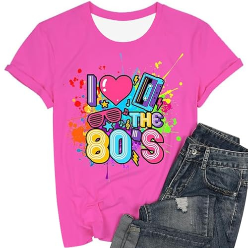 T-shirt pour femme style années 80 - Haut coloré « I Love The 80's » avec motifs rétro - T-shirt amusant pour les fêtes à thème et les fans de nostalgie