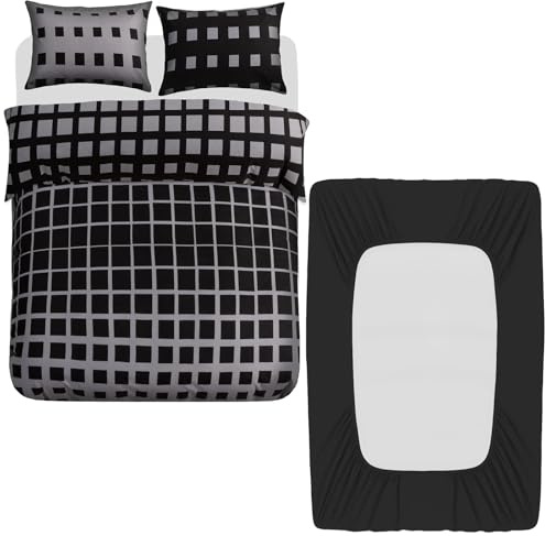 Grace 4 Pcs Super King Duvet Set with Matching Black Super King Fitted Sheet 40 cm Extra Deep Pocket - Premium Microfibre Reversible Quilt Cover Bedding Set For All Seasons