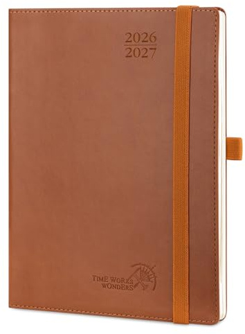 POPRUN Agenda Månadskalender 2026 2027, Juli'26 - Dec'27, 18 Månader 22 x 16,5 cm, 2 Sidor per Månad, Skolkalender, Mjuk PU Läderomslag, Papper 100 gsm, Brunt