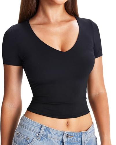 Navneet Women Crop Tops V Neck Cropped Tshirt | Short Sleeve Basic Tops, Sexy Going Out Top, Party Clubbing Tops, Tight Music Concert Tops, Rave Festival Outfits