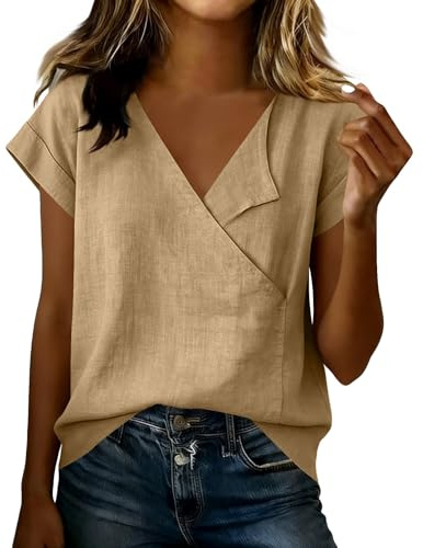 YNRENHNEE Camicia Donna Estiva Manica Corta Scollo a V Camicie in Lino Cotone Blusa Elegante Curvy Maglietta T Shirt Casual Top Camicetta da Spiaggia Camicia Tinta Unita Classico