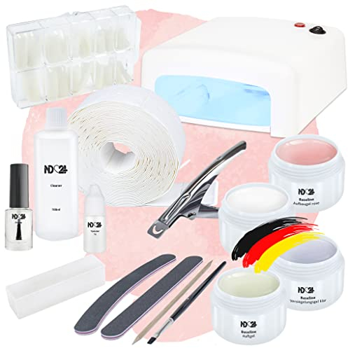 Gelnägel Starter Set Basic mit Haftgel, Aufbaugel, Frenchgel, Versiegelungsgel, LED-Lampe & Zubehör – 16-teiliges Gelnägel Set für Anfänger geeignet – Gele Made in Germany