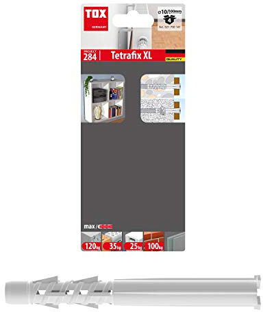 TOX Allzweck Tetrafix XL 10 x 100 mm, Allzweckdübel für nahezu alle Baustoffe, verlängerter Schaft für spezielle Rahmendübel-Anwendungen, 4 Stück im Blister, 021700141, Weiß, 10x100 mm