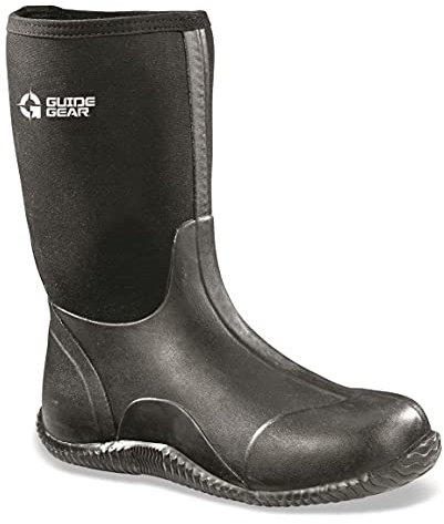 Guide Gear Men's Mid-High Bogger Waterproof Rubber Hunting Work Rain Boots 12”, 5mm Neoprene Top Black 13D (Medium)