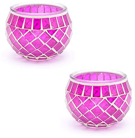 Vintage Jar Mosaic Glass Candle Holders - Romantic Tea Light Candle Holder Home Decoration with Upto 8 Hour Burn (Pink Twin Pack)
