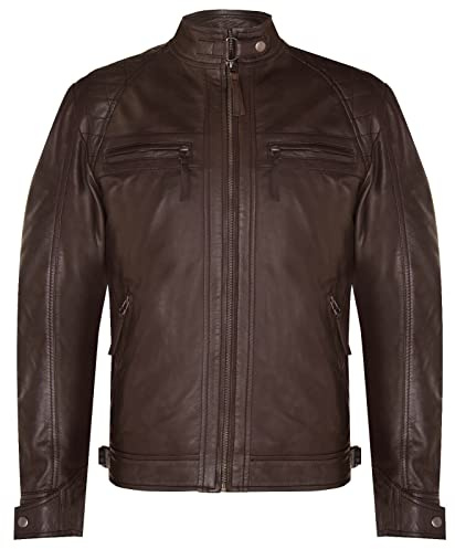 Infinity Leather Chaqueta Clásica para Hombre de Cuero Acolchado Color Chocolate Retro Vintage Estilo Motociclista 2XL