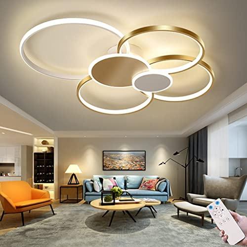 Lampes De Plafond Dimmable LED Salon Plafonnier Avec Télécommande Plafonnier Anneau Rond Créatif Design Plafonniers En Métal Pour Chambre Cuisine Salle À Manger Bureau Lamp Suspensions (Gold-100CM)