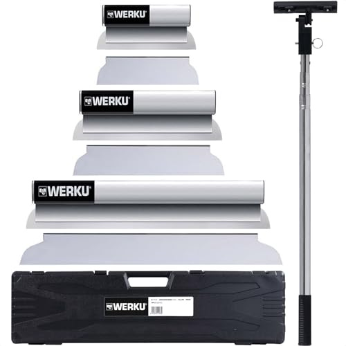 Werku WK602540, Juego Espátulas Emplastecer Mango Extensible, Calidad Profesional, Largo 300-500-800 mm, Incluye Maletín, Mango Extensible y Cabezal Soporte