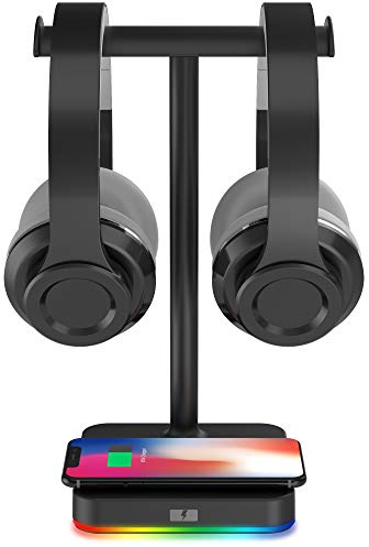 KAFRI RGB Dual Headphone Stand with Wireless Charger Desk Gaming Double Headset Holder Hanger Rack with 10W/7.5W QI Charging Pad - Suitable for Gamer Desktop Table Game Earphone