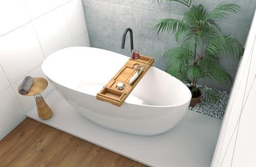 ECOLAM exklusive freistehende Badewanne 170x72 cm Goya + Ablage Bambus I moderne Standbadewanne Wanne freistehend I Ablaufgarnitur Click Clack Design Mineralguss glamour weiß
