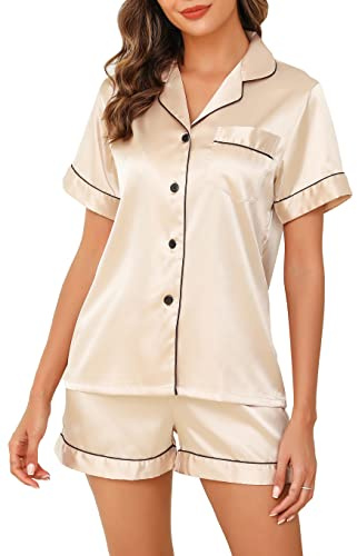 Lovasy Silk Pyjamas for Women Satin Pyjama Set Button Down Ladies Pajamas Classic Short Pjs Sets,Champagne,L