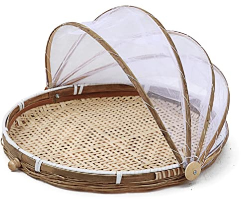 Cestas de frutas para cocinas, cesta redonda de bambú con tapa, cesta tejida a mano con cubierta de malla para servir alimentos, contenedor de almacenamiento de alimentos (30 cm)