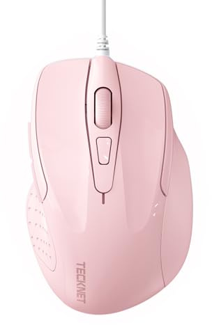 TECKNET Wired Mouse, 6-Button Corded with 4 Adjustable DPI, Optical Ergonomic Design, 5FT Cord for Laptop, Chromebook, PC, Desktop, Mac, Notebook - Pink