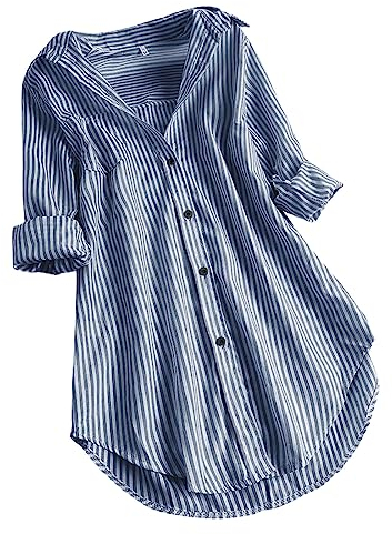 Bluse Damen Modisches Gestreiftem Druck Langarmshirt Umlegekragen Langen Ärmeln Oberteile Button Down Hemden Übergroße Hemdbluse Unregelmäßigem Saum Tunika Tops Plus Size Locker Blusentops S-5XL