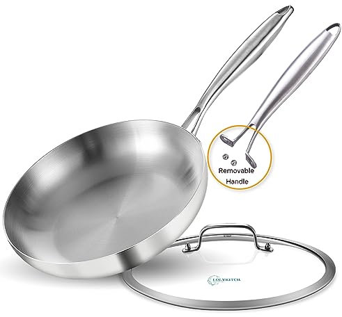 LOLYKITCH 28 CM Tri-Ply Stainless Steel Frying Pan with Lid,Detachable Ergonomic Handle,Compatible with Induction Stove,Oven Safe