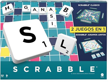 Mattel Games Scrabble 2 Juegos en 1 , juego de mesa familiar, palabras cruzadas, incluye tablero con 2 caras, 50 tarjetas con objetivos , 2-4 jugadores , +10 años, versión español (HXV99)