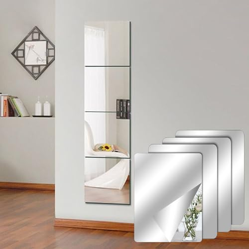 Ganzkörperspiegel für Wände 4 Stück, 30 x 30 cm Klebespiegel für Schrank, DIY Acrylspiegel, Wall Mirrors für Wand Zuhause Wohnzimmer, Fitnessstudio, Flur, Wandspiegel, Selbstklebend Mirror (30x30cm)