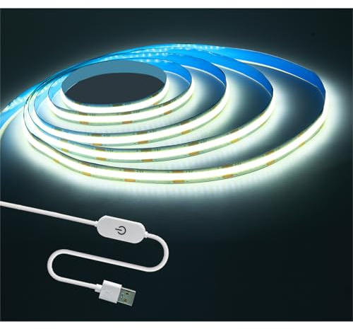 Tesfish LED Remsa Ljus, 5 V USB COB Band 2 M Vit 6000 K 640 LEDs Flexibla Neonljus LED Ljuslist med Steglöst justerbar Kontakt, för Fest, Disk, Hylla, Hemdekoration
