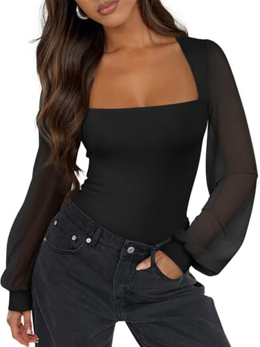 PINKMSTYLE Women Square Neck Mesh Long Sleeve Bodysuits Tops Black S