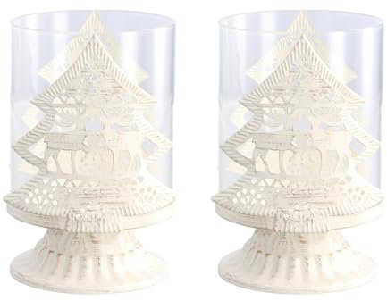 Focenat 2PCS Christmas Pillar Candle Holder, Vintage Metal Candlestick Holder Glass Hurricane Candle Holders for Table Centrepieces Thanksgiving, Christmas Decor, Table Centrepiece Ornaments (Tree)