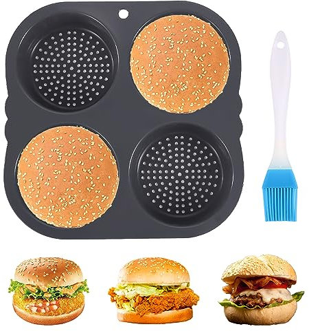 Yallmie 4 Cavidades Molde para pan de Hamburguesa, Redondo Ø 10cm Molde Silicona Hamburger, Reutilizable Antiadherente Moldes de Silicona para Rollos, Soufflé, Tartaletas, Huevo Muffins, Pasteles