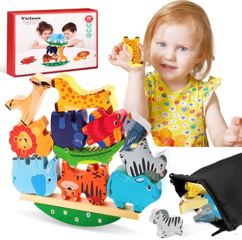 Vicloon Jeux D'équilibre en Bois pour Enfants, Animaux Jouet à Empiler avec Sac de Rangement, Jeu D'equilibre de Animaux Bloc, Montessori Jouets Éducatifs, Cadeaux pour Bébés 3-6 Ans