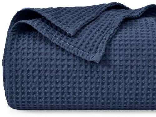 PHF - Coperta in 100% cotone, tessuto a nido d'ape, leggera e traspirante, pre-lavata, certificata Oeko-TEX per letto, divano, soggiorno, decorazione per la casa, colore blu navy scuro, misura singola